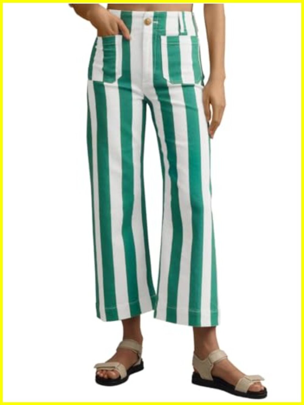 High Waisted Wide Leg Striped Cropped Denim Jeans with Pockets